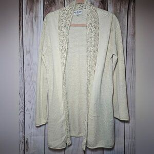 Norm Thompson Cream Crochet Trim Cardigan Womens Medium